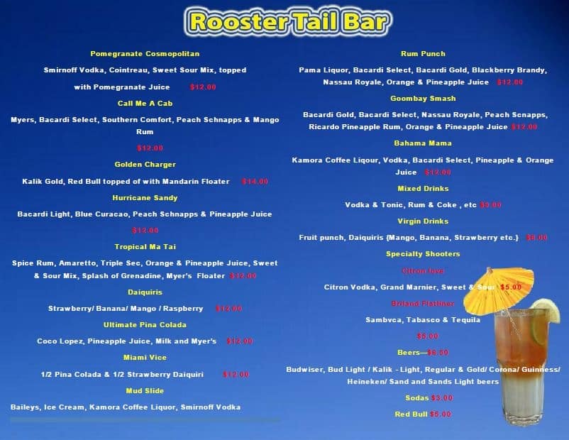 Rooster Tail Bar Drink Menu at Valentines Resort Bahamas