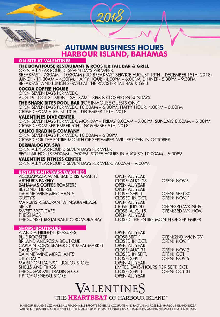 Harbour Island Autumn 2018 Business Hours